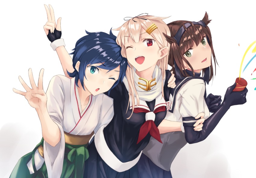 10s, 3girls, ahoge, anniversary, black_hair, black_ribbon, black_serafuku, blonde_hair