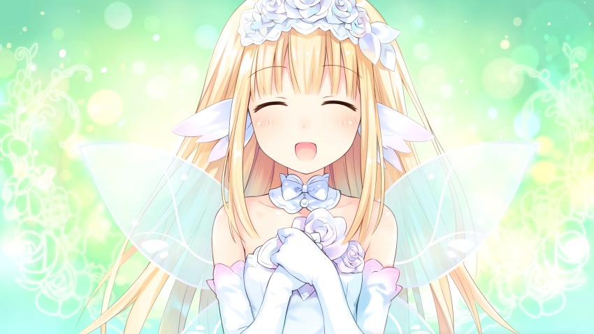 1girl, blonde_hair, blush, bouquet_(neptunia), bow, bowtie, closed_eyes, detached_collar