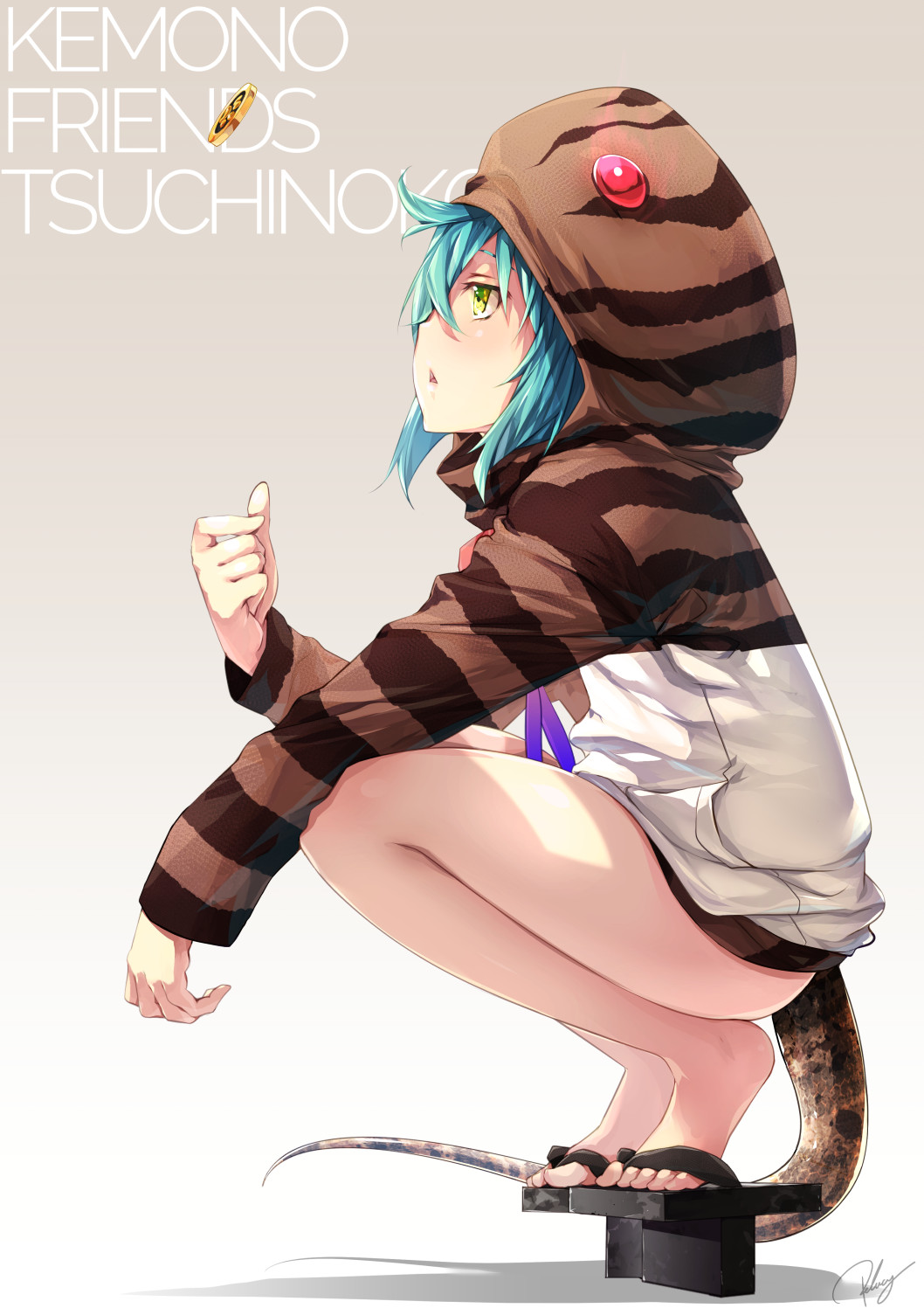 10s, 1girl, :<, animal_hood, animal_print, aqua_hair, aura, bare_legs, character_name, coin, coin_flip, copyright_name, feet, female_focus, from_side, full_body, geta, glowing, glowing_eyes, gradient_ribbon, green_eyes, half-closed_eyes, highres, hood, hoodie, japari_coin, kemono_friends, legs, looking_up, open_mouth, re_lucy, ribbon, signature, simple_background, slippers, snake_tail, solo, squatting, tail, tengu-geta, text_focus, toes, triangle_mouth, tsuchinoko_(kemono_friends), white_background
