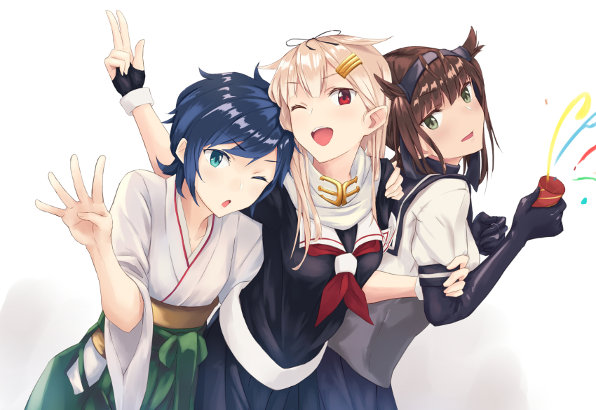 10s, 3girls, ahoge, anniversary, black_hair, black_ribbon, black_serafuku, blonde_hair