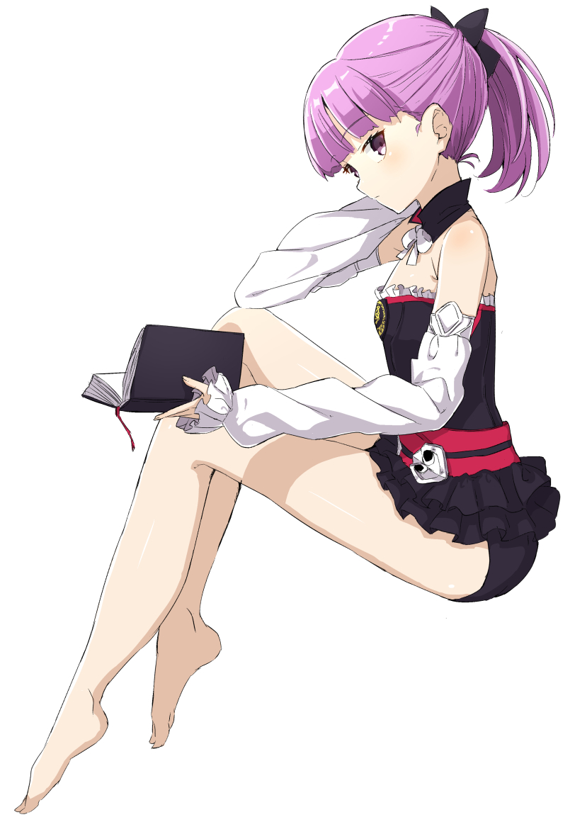 1girl, alternate_hairstyle, bare_shoulders, barefoot, book, bow, detached_sleeves, fate/grand_order, fate_(series), female_focus, flat_chest, full_body, hair_bow, helena_blavatsky_(fate), looking_at_viewer, looking_to_the_side, plantar_flexion, ponytail, purple_eyes, purple_hair, sefirot, shiime, short_hair, short_ponytail, simple_background, sketch, solo, strapless, white_background