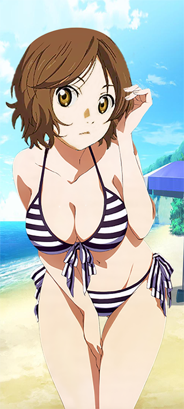 10s, beach, bikini, breasts, brown_eyes, brown_hair, day, katou_megumi, megumi, saenai_heroine_no_sodatekata, sawabe_tsubaki, shigatsu_wa_kimi_no_uso, short_hair, solo, striped_bikini, striped_clothes, swimsuit, third-party_edit