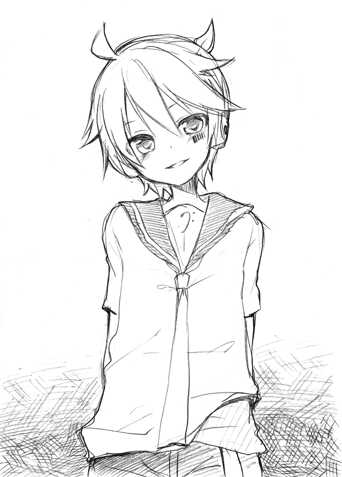 1boy, arms_behind_back, barcode, barcode_tattoo, bass_clef, blush, evil_grin, evil_smile