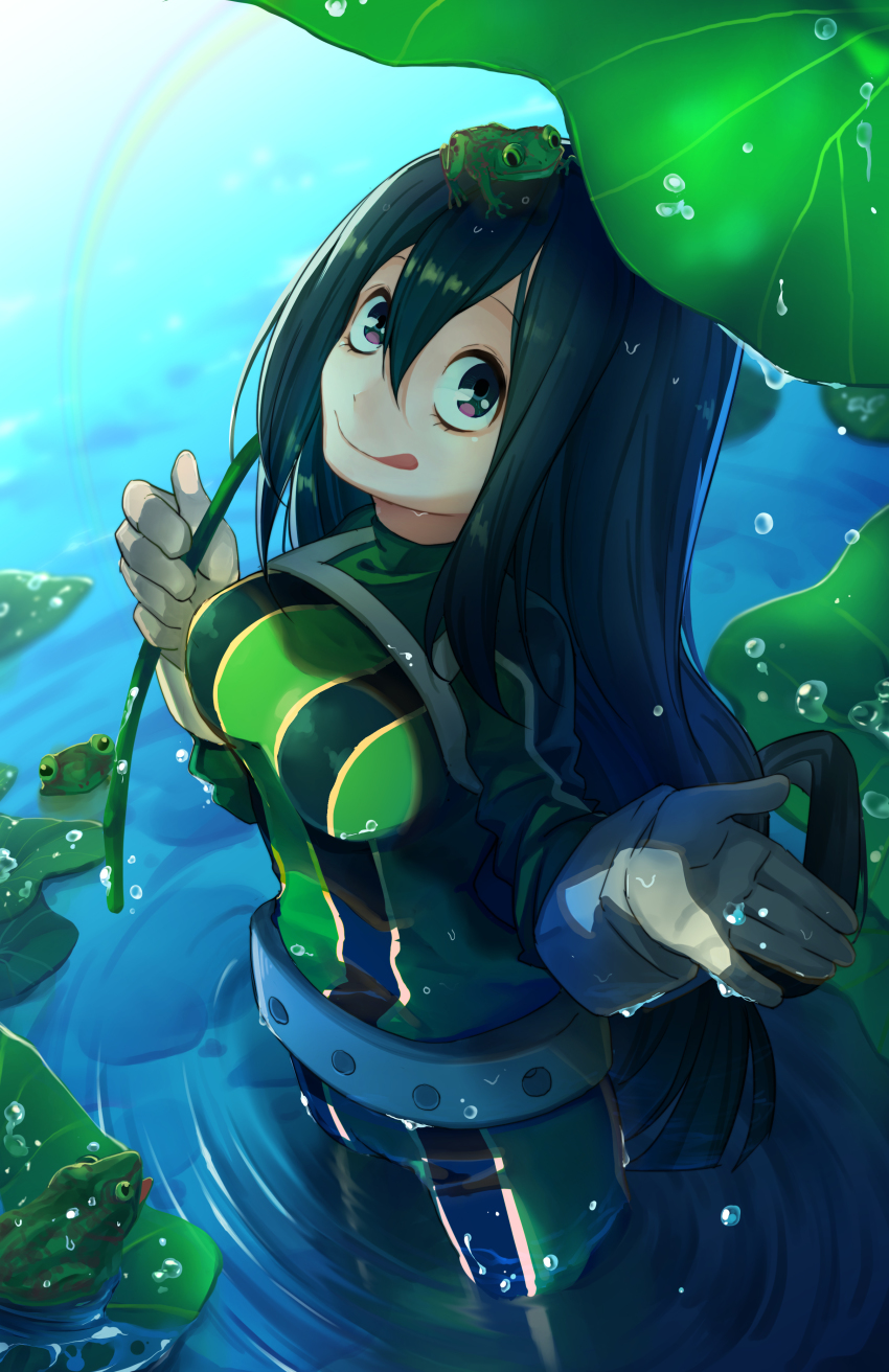 10s, 1girl, :q, absurdres, animal, animal_on_head, asui_tsuyu, asui_tsuyu_(hero_outfit), belt, black_eyes, black_hair, bodysuit, boku_no_hero_academia, breasts, closed_mouth, female_focus, frog, frog_girl, from_above, gloves, green_bodysuit, green_eyes, hair_between_eyes, hair_rings, highres, holding, leaf, leaf_umbrella, lily_pad, long_hair, looking_at_viewer, looking_up, low-tied_long_hair, luo_jie, md5_mismatch, medium_breasts, on_head, partially_submerged, purple_eyes, rainbow, ripples, smile, solo, standing, tongue, tongue_out, wading, water, wet, wet_clothes, wet_hair, white_gloves