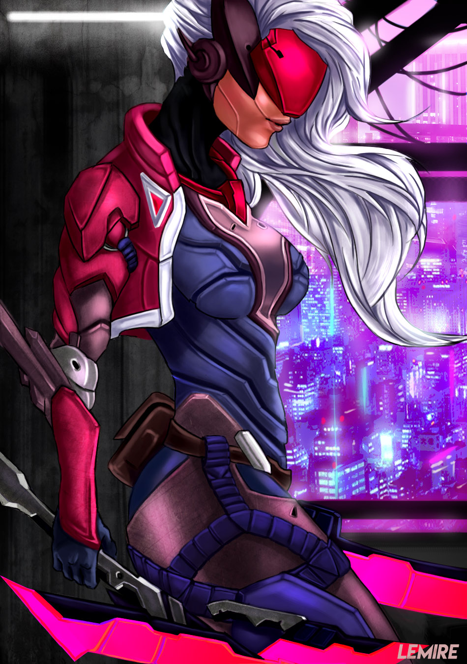 1girl, alternate_costume, cropped_jacket, cyborg, dual_wielding, female_focus, highres, holding, katarina_(league_of_legends), league_of_legends, lips, long_hair, nate_lemire, project:_katarina, silver_hair, solo, sword, visor, weapon