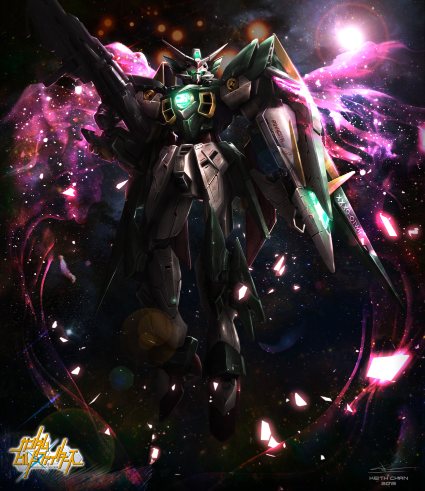 10s, absurdres, beam_shield, glowing, glowing_eyes, green_eyes, gun, gundam