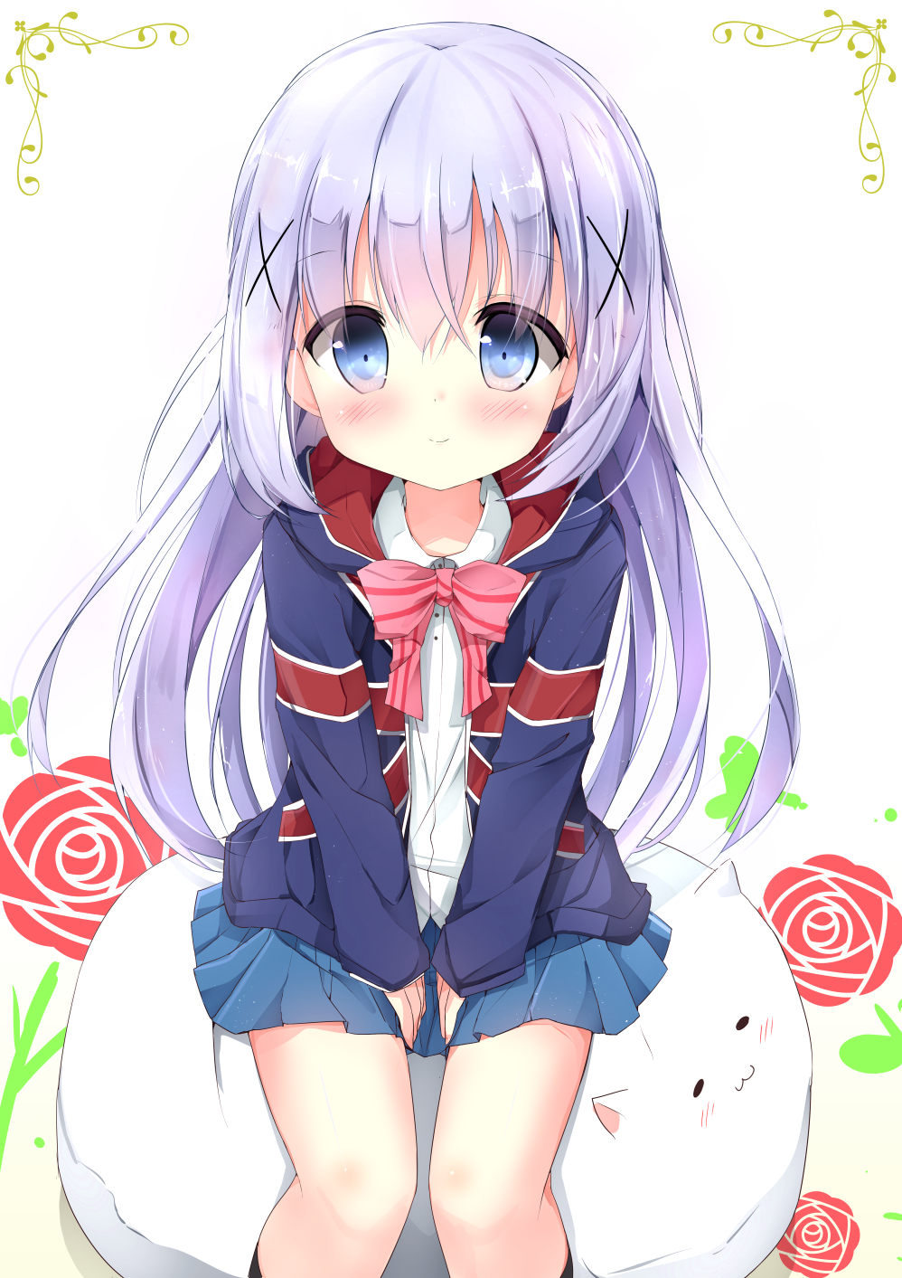 1girl, :3, bean_bag_chair, between_legs, black_socks, blouse, blue_eyes, blue_hair