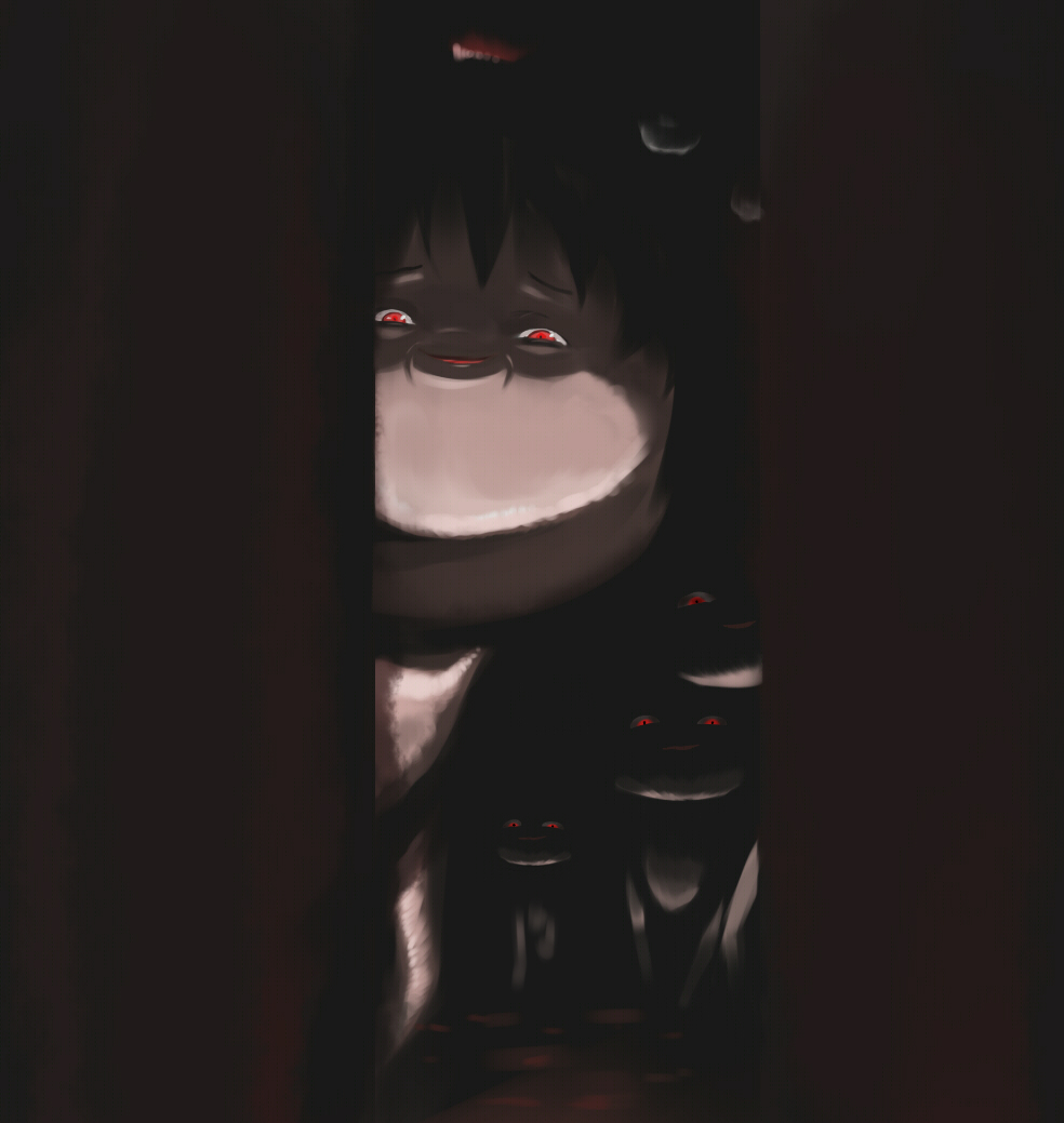black_hair, creepy, dark, female_focus, horror_(theme), kimeemaru, no_humans, non-web_source