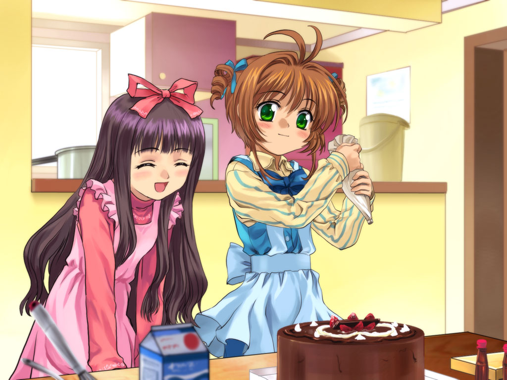 1990s_(style), 2girls, :d, ^_^, apron, baking, brown_hair, cake