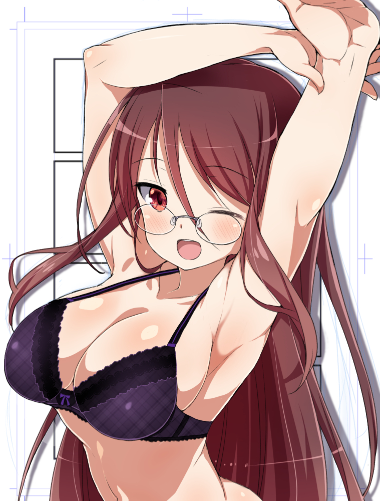 1girl, armpits, arms_up, black_bra, blush, bra, breasts, brown_eyes, brown_hair, character_request, cleavage, female_focus, gankutsu-sou_no_fuyajou-san, glasses, kounosu_satori, large_breasts, long_hair, navel, one_eye_closed, open_mouth, pic_k, plaid_bra, plaid_clothes, rimless_eyewear, smile, solo, underwear