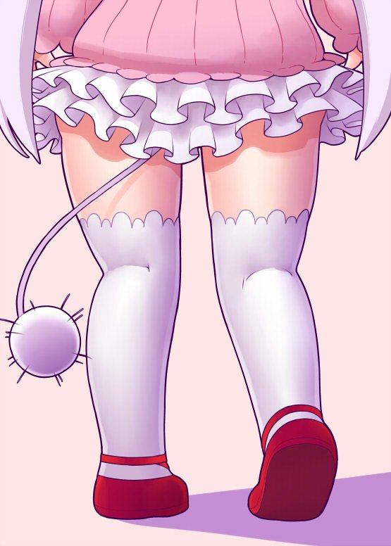 10s, 1girl, dragon_girl, dragon_tail, dress, female_focus, frilled_dress, frills, from_behind, from_below, gabyo_nuno, gradient_hair, head_out_of_frame, kanna_kamui, kobayashi-san_chi_no_maidragon, legs, light_purple_hair, long_sleeves, low_twintails, lower_body, multicolored_hair, simple_background, solo, tail, thighhighs, thighs, twintails, two-tone_hair, white_background, white_thighhighs, zettai_ryouiki