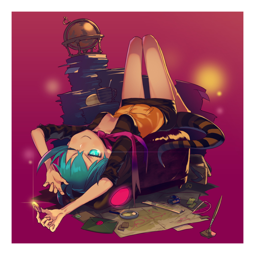 >;), 10s, 1girl, aqua_eyes, aqua_hair, book, book_stack, breasts