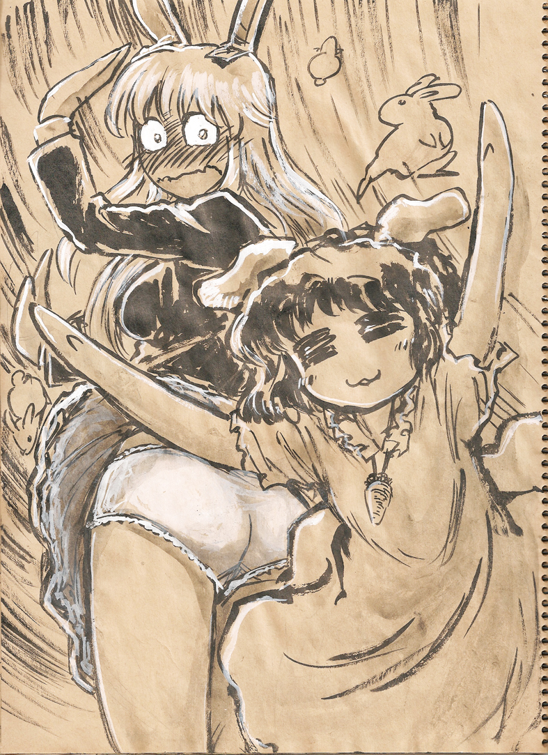 2girls, :3, animal_ears, ass, blazer, blush, rabbit_ears, dress, embarrassed, full-face_blush, inaba_tewi, jacket, miniskirt, multiple_girls, panties, puffy_short_sleeves, puffy_sleeves, reisen_udongein_inaba, sepia, short_sleeves, skirt, skirt_flip, stufquin, touhou, traditional_media, underwear, wavy_mouth, white_panties