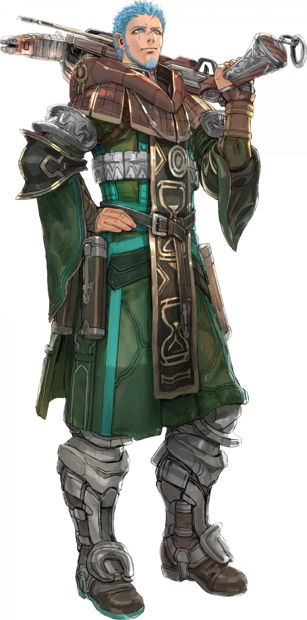 1boy, beard, blue_eyes, blue_facial_hair, blue_hair, boots, bow_(weapon), coat, crossbow, emmerson_t_kenny, facial_hair, full_body, green_coat, hand_on_own_hip, highres, male_focus, official_art, scar, solo, standing, star_ocean, star_ocean:_integrity_and_faithlessness, tabard, weapon, yasuda_akira