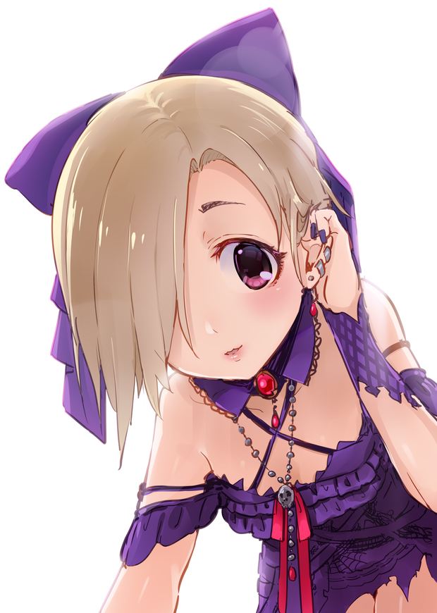 10s, 1girl, adjusting_hair, bags_under_eyes, blonde_hair, blush, bow, brown_eyes, ear_piercing, female_focus, hair_bow, hair_over_one_eye, idolmaster, idolmaster_cinderella_girls, idolmaster_cinderella_girls_starlight_stage, jewelry, looking_at_viewer, necklace, piercing, shirasaka_koume, shirona002, short_hair, sketch, skull, solo, white_background