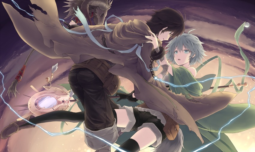 1boy, 1girl, bare_shoulders, belt_pouch, black_eyes, black_hair, black_thighhighs, boots, brown_footwear, chain, cloak, couple, cuffs, dharc_(yu-gi-oh!), dharc_the_dark_charmer, face-to-face, familiar-possessed_-_dharc, familiar-possessed_-_lyna, grey_eyes, grey_hair, holding, holding_staff, looking_at_another, lyna_(yu-gi-oh!), lyna_the_light_charmer, parted_lips, pouch, rr_(rr2), shackles, short_hair, shorts, staff, thighhighs, yu-gi-oh!