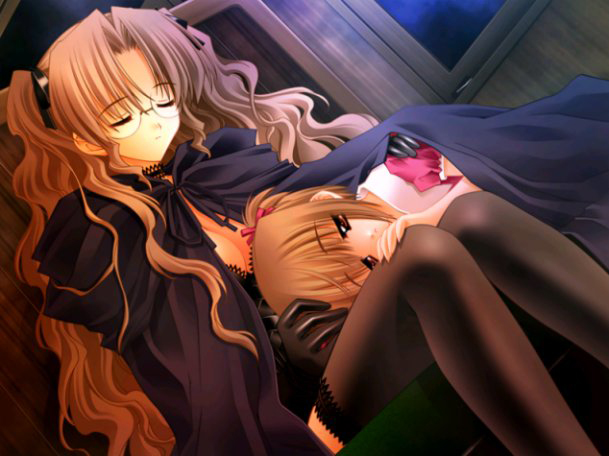 00s, 2girls, age_difference, black_gloves, black_legwear, breasts, brown_hair, carnelian, child, choker, cleavage, dutch_angle, game_cg, glasses, gloves, hair_ribbon, half-closed_eyes, indoors, lace, lap_pillow, large_breasts, long_hair, lying, multiple_girls, night, on_stomach, parted_bangs, red_eyes, ribbon, rimless_eyewear, ritsuko_(yamibou), robe, short_hair, short_sleeves, short_twintails, sitting, thighhighs, twintails, two_side_up, very_long_hair, window, yami_to_boushi_to_hon_no_tabibito