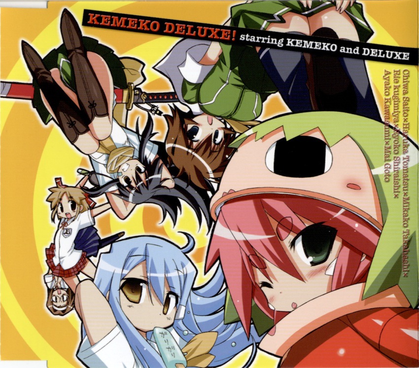 00s, 6+girls, album_cover, arm_up, blue_hair, blush, brown_eyes, cover