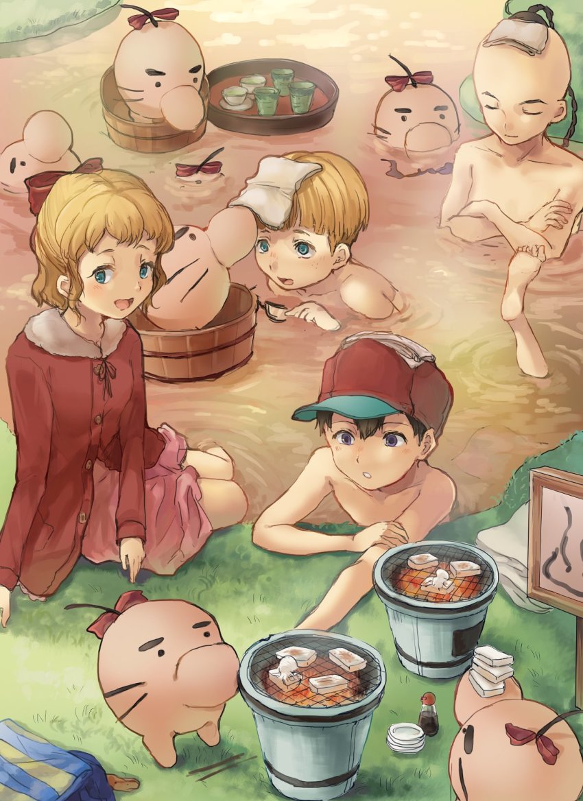 1girl, 3boys, baseball_bat, black_hair, blonde_hair, blue_eyes, blush, bow