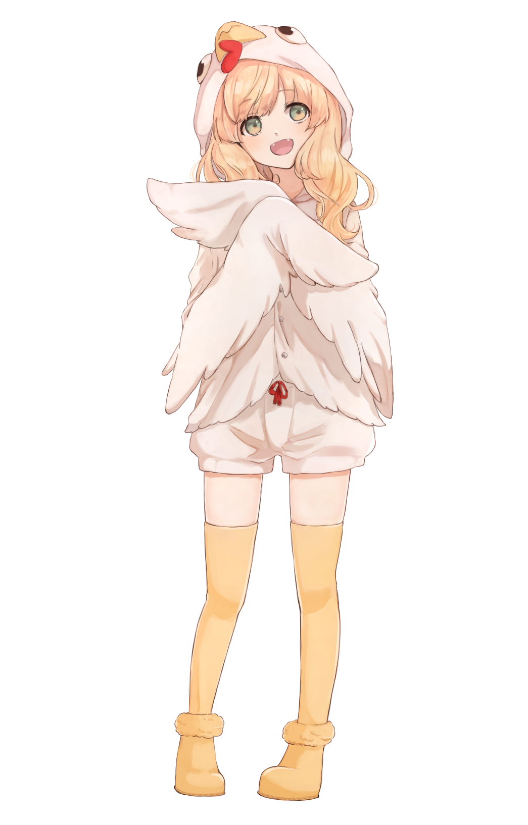 1boy, animal_costume, chicken_costume, fangs, full_body, green_eyes, highres, hirayama_ityu