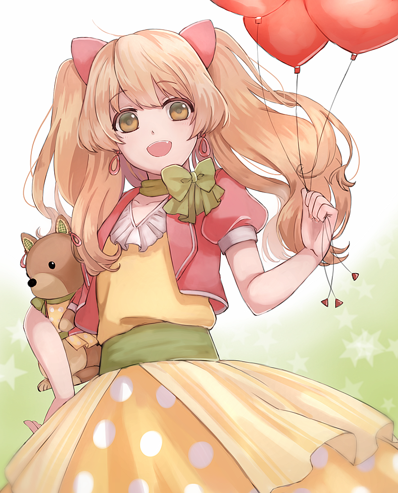 1boy, balloon, crossdressing, crossdressing_(mtf), dress, earrings, fang, green_eyes