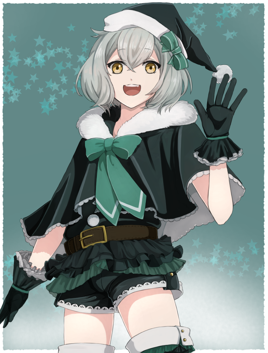 1boy, black_gloves, gloves, grey_hair, hat, highres, hirayama_ityu, i-chu, male_focus, ribbon, santa_hat, shorts, smile, solo, yamanobe_mio, yellow_eyes