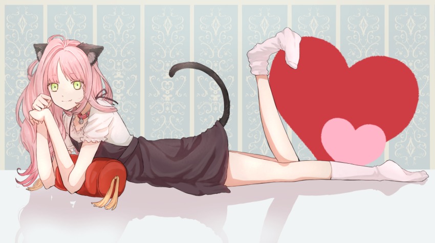 1boy, animal_ears, bell, cat_boy, cat_ears, cat_tail, collar, crossdressing, crossdressing_(mtf), dress, fang, feet, full_body, green_eyes, hanabusa_kokoro, highres, hirayama_ityu, i-chu, long_hair, looking_at_viewer, lying, male_focus, neck_bell, no_shoes, on_stomach, pink_hair, smile, socks, solo, tail, trap, white_socks