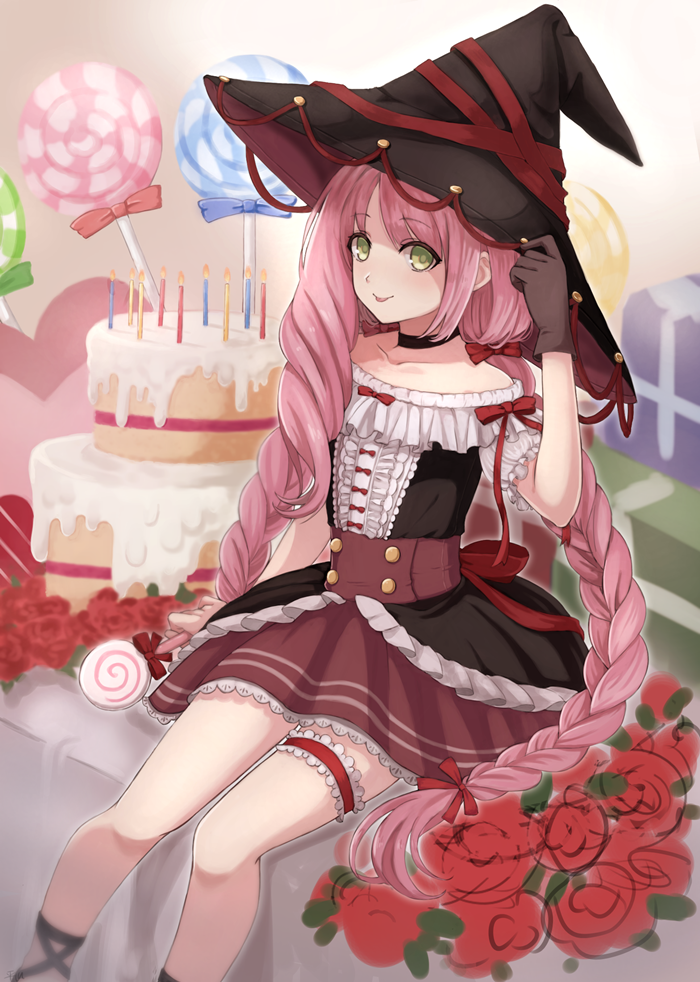 1boy, :p, black_gloves, blush, cake, candle, candy, crossdressing