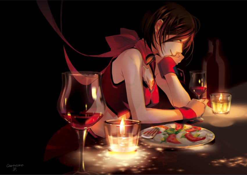 1girl, alcohol, bottle, breasts, brown_hair, candle, caracoro, cleavage