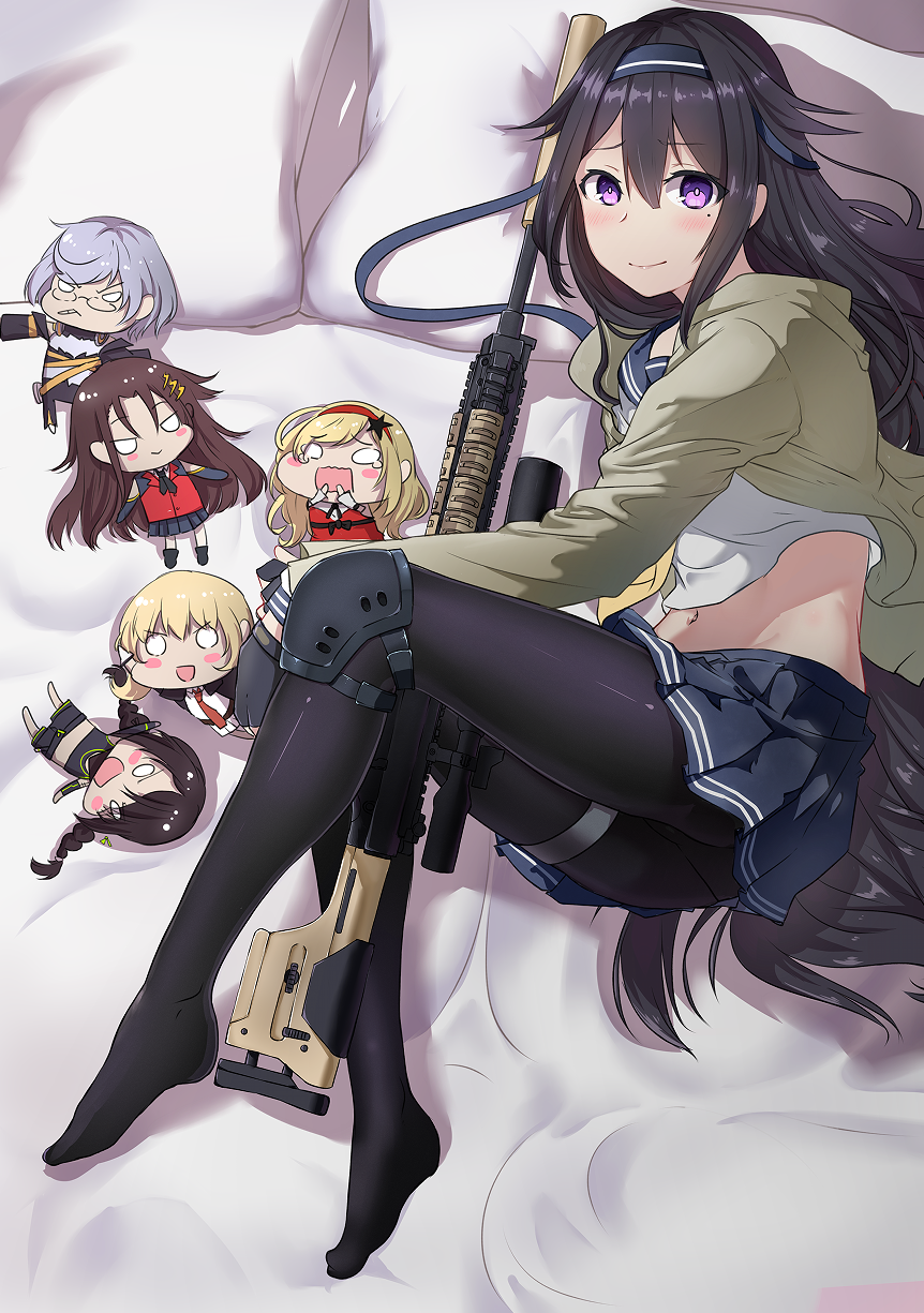 6+girls, black_hair, blonde_hair, blush, brown_hair, chibi, girls'_frontline, gun