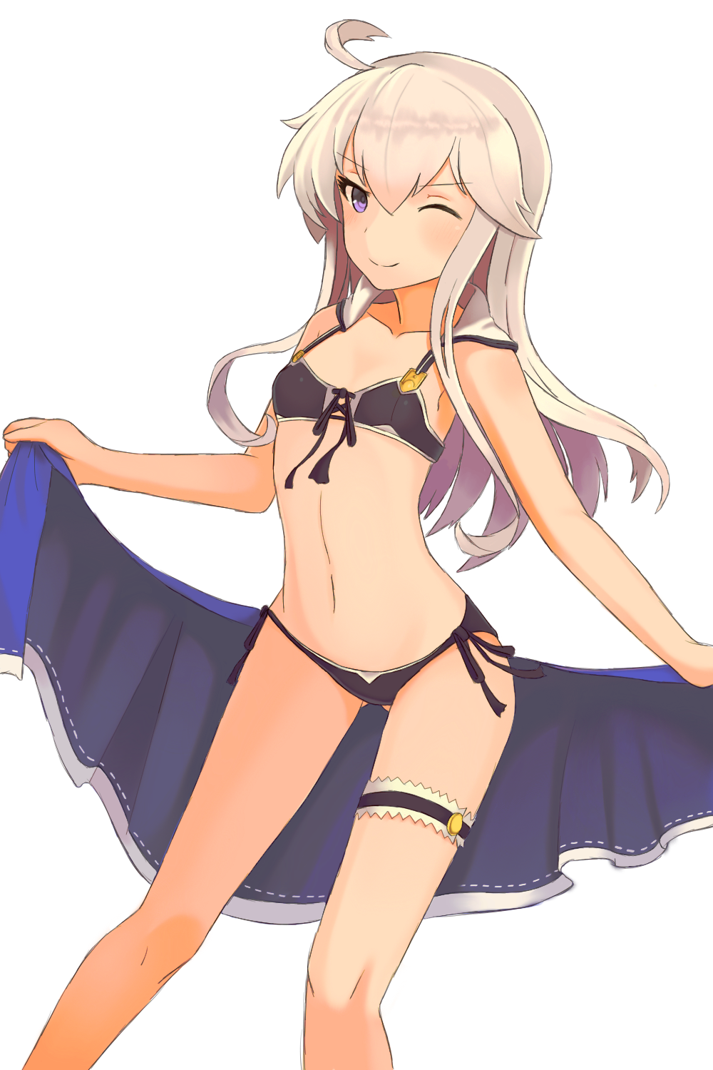 1girl, ahoge, bikini, black_bikini, female_focus, flat_chest, highres, long_hair