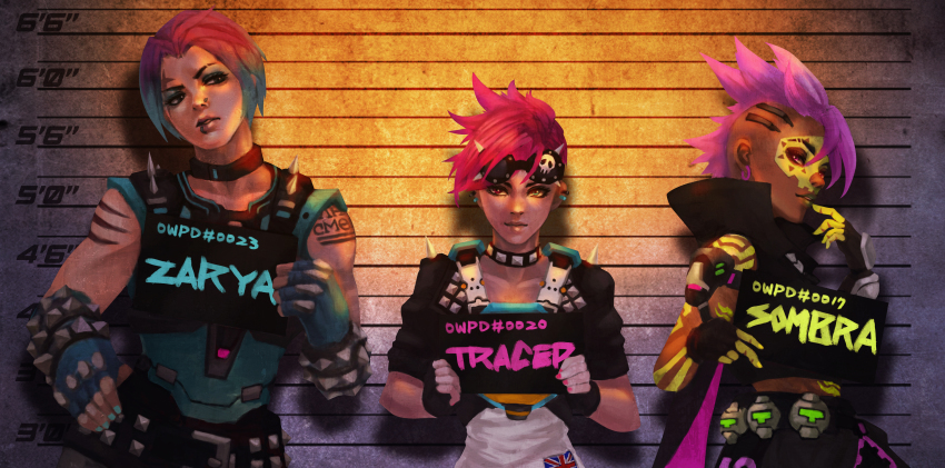 3girls, absurdres, alternate_costume, alternate_hairstyle, bracelet, character_name, chest_harness, choker, cybergoth_zarya, dark-skinned_female, dark_skin, earrings, finger_to_mouth, fingerless_gloves, gloves, harness, height_difference, highres, jewelry, lineup, los_muertos_sombra, monori_rogue, mugshot, multicolored_hair, multiple_girls, official_alternate_costume, overwatch, overwatch_1, piercing, punk, punk_tracer, sombra_(overwatch), spiked_bracelet, spiked_hair, spikes, tattoo, tracer_(overwatch), two-tone_hair, zarya_(overwatch)