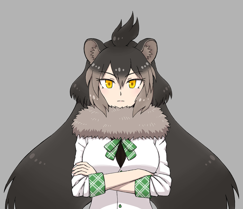 10s, 1girl, animal_ears, black_hair, bow, bowtie, brown_hair, crossed_arms