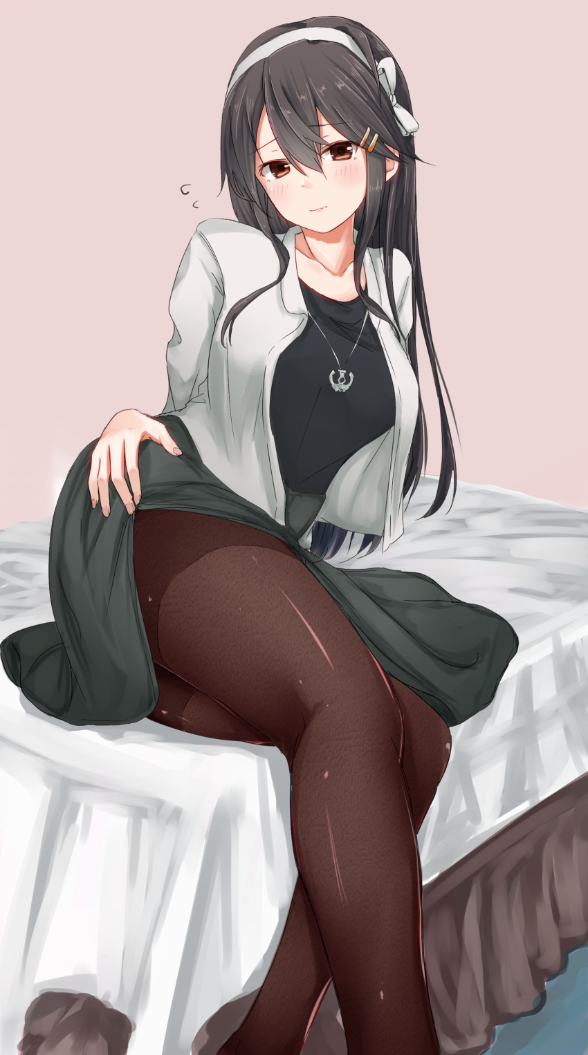 10s, 1girl, absurdres, alternate_costume, ame-rain, arm_support, bed, black_hair