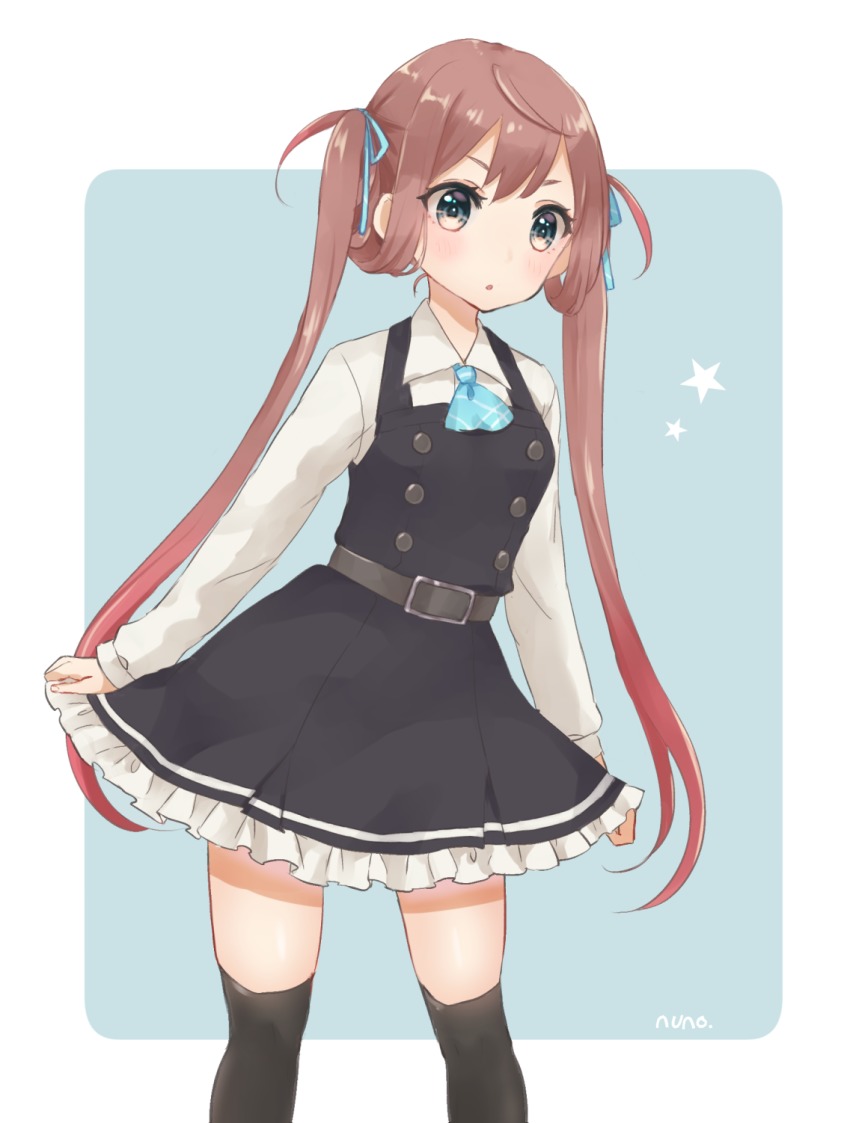 10s, 1girl, adapted_costume, aqua_background, artist_name, asagumo_(kancolle), ascot, belt