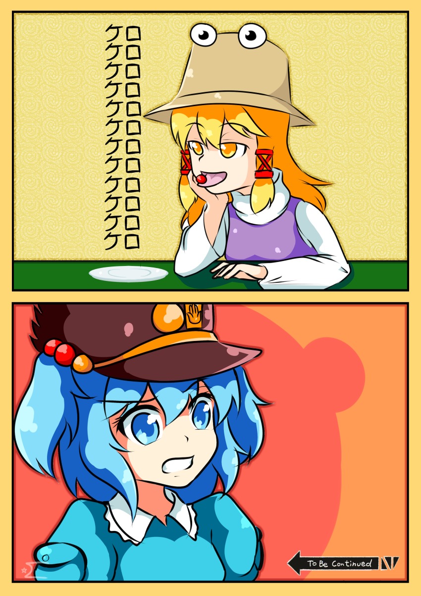 2girls, :d, absurdres, blonde_hair, blue_eyes, d:, hat, highres