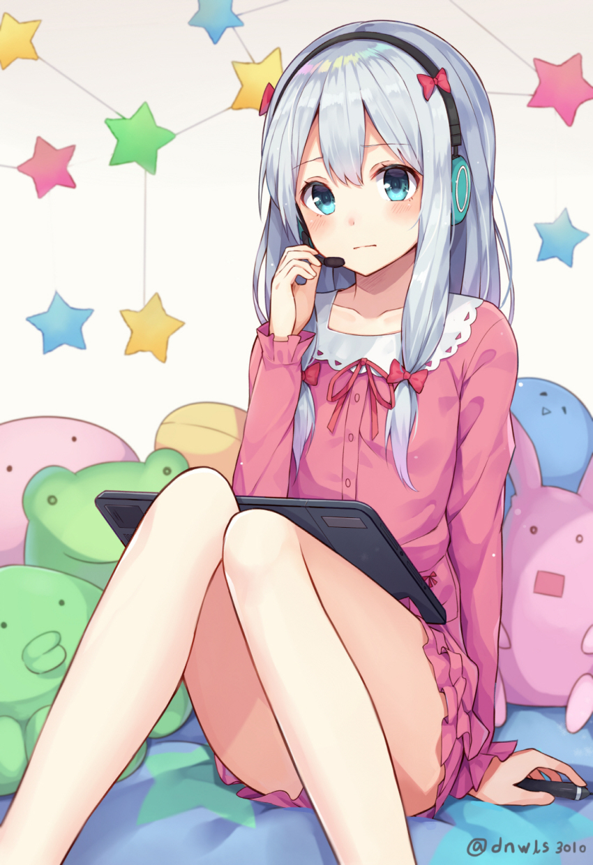 10s, 1girl, adjusting_headset, bare_legs, bed_sheet, blush, bow, buttons