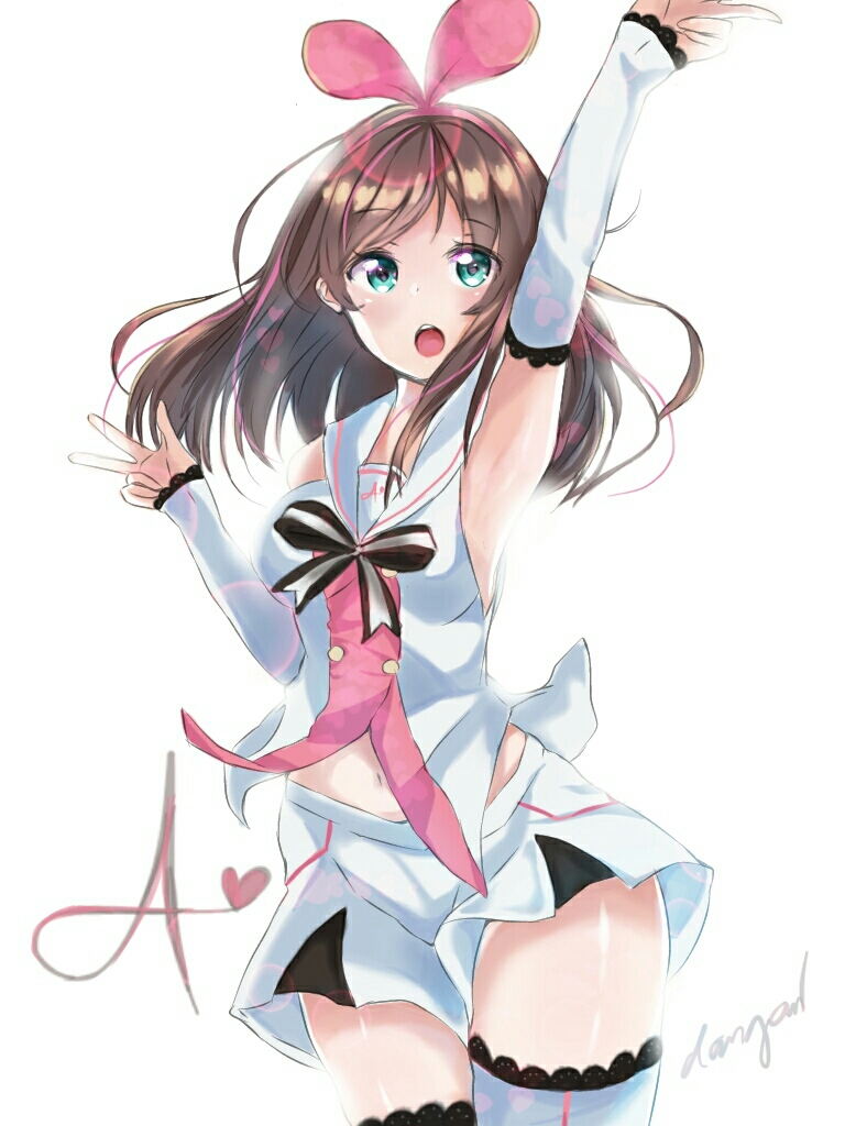 1girl, :o, aqua_eyes, arm_up, arm_warmers, armpits, artist_name, black_ribbon