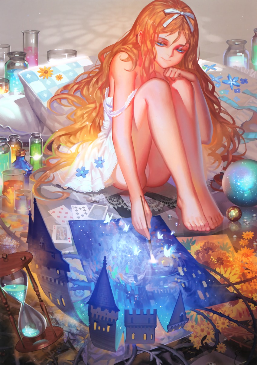 1girl, absurdres, alice_(alice_in_wonderland), alice's_adventures_in_wonderland, alphonse_(white_datura), aqua_ribbon, art_brush, bare_legs