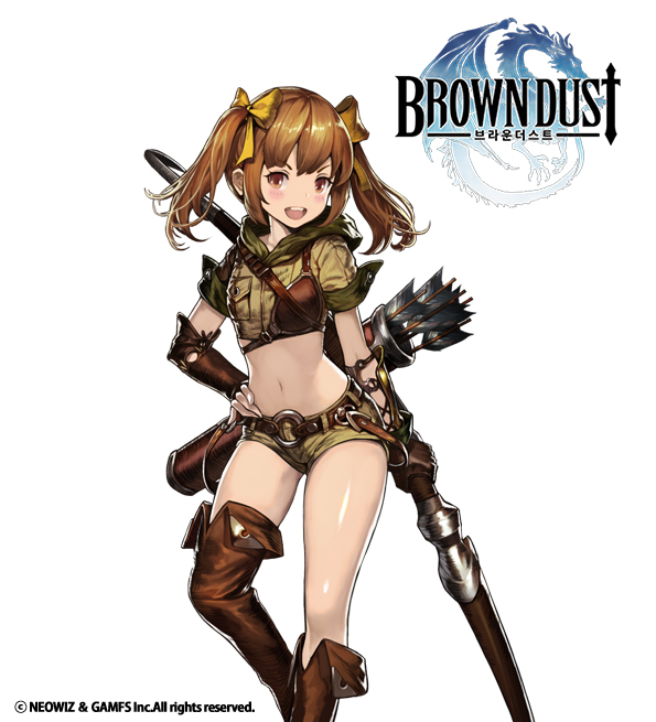 1girl, :d, armor, arrow_(projectile), asymmetrical_legwear, blush, boobplate, boots, bow_(weapon), breast_pocket, breastplate, brown_boots, brown_dust, brown_dust_(series), brown_eyes, brown_gloves, brown_hair, copyright_name, cowboy_shot, cropped_jacket, female_focus, gloves, green_jacket, green_shorts, hood, hood_down, hooded_jacket, ing9, jacket, knee_boots, leg_up, looking_at_viewer, midriff, navel, open_mouth, pocket, quiver, shiny_skin, short_hair, short_shorts, short_sleeves, shorts, simple_background, single_glove, smile, solo, standing, standing_on_one_leg, stomach, teeth, thigh_boots, thighhighs, twintails, uneven_legwear, upper_teeth_only, vambraces, weapon, white_background