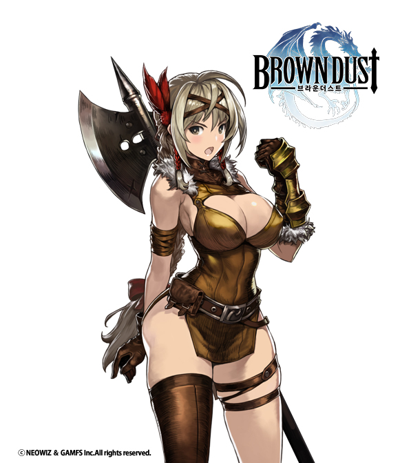 1girl, arm_behind_back, axe, belt, belt_pouch, bow, braid, breasts