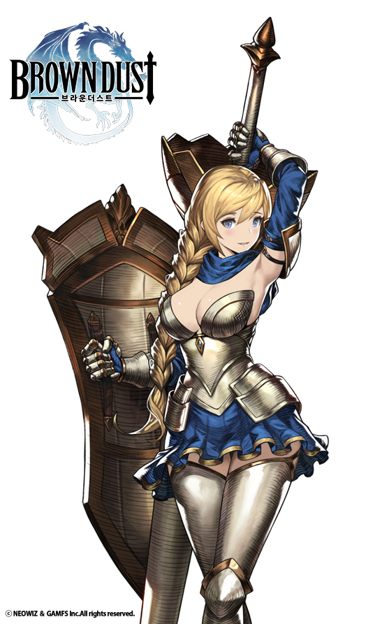 1girl, arm_up, armor, armored_dress, blonde_hair, blue_dress, blue_eyes, blue_gloves