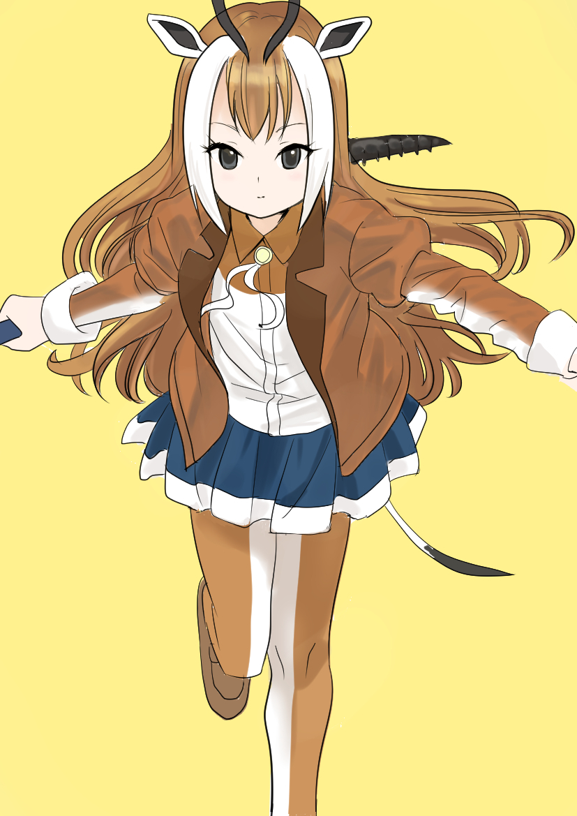 10s, 1girl, animal_ears, black_eyes, brown_hair, female_focus, horns, kemono_friends