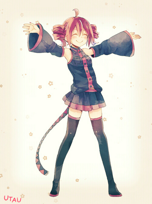 1girl, ahoge, arms_up, blush, breasts, closed_eyes, detached_sleeves, drill_hair, eyelashes, female_focus, full_body, kasane_teto, kasane_teto_(utau), red_hair, redbear07, simple_background, skirt, smile, solo, standing, text_focus, thighhighs, utau