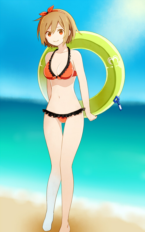 1girl, beach, bikini, blush, bow, breasts, brown_eyes, brown_hair, cleavage, collarbone, day, eyelashes, female_focus, hair_between_eyes, hair_bow, hairband, inflatable_toy, innertube, looking_at_viewer, medium_breasts, meiko_(vocaloid), navel, outdoors, redbear07, short_hair, smile, solo, standing, sun, swim_ring, swimsuit, unfinished, vocaloid, water