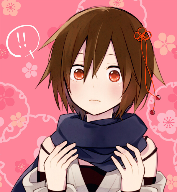 !, !!, 1girl, blush, borrowed_clothes, breasts, brown_hair, female_focus