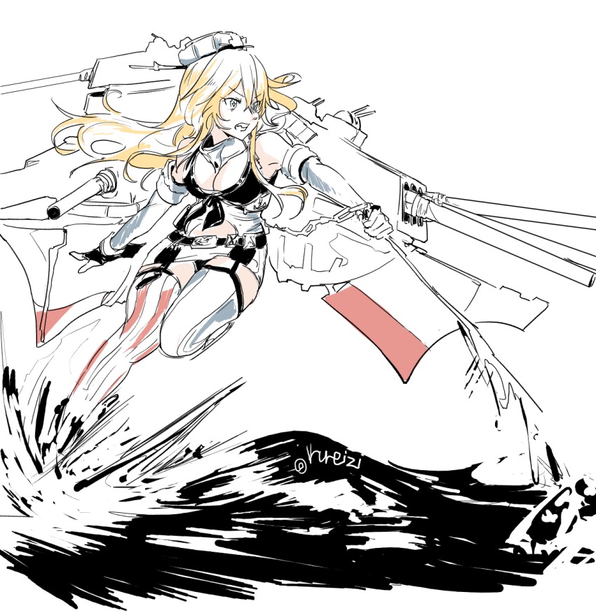 10s, 1girl, asymmetrical_legwear, blonde_hair, blue_eyes, breasts, cleavage, elbow_gloves