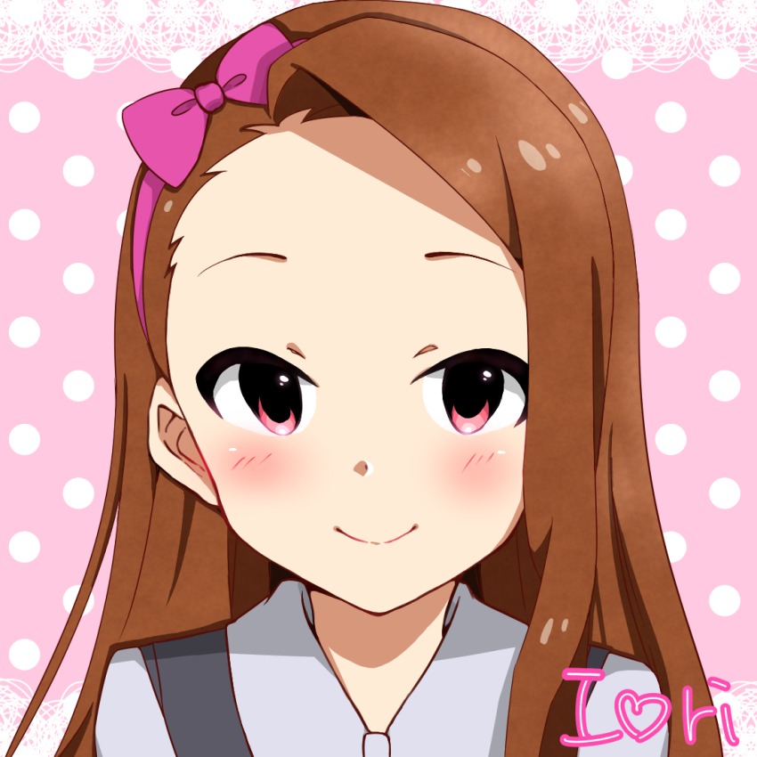 1girl, black_vest, blush, bow, brown_hair, character_name, child, closed_mouth