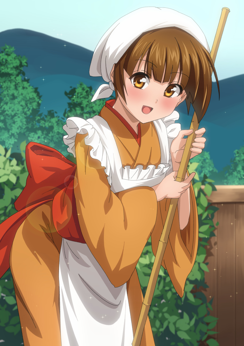 10s, 1girl, :d, anime_coloring, apron, bamboo_broom, blush, broom