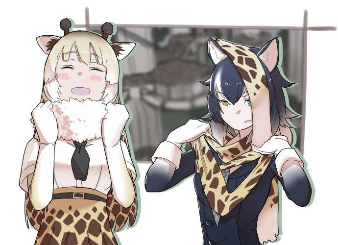 10s, animal_ears, animal_print, blonde_hair, blush, cosplay, costume_switch, fur_collar